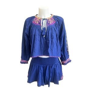 Free People Cherry Bomb 2 pc Set in Blue Embroidered Crop Top‎ & Shorts sz M
